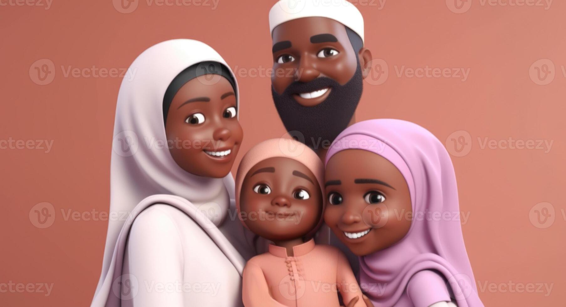 disney estilo, adorable musulmán familia personaje en abrazando actitud juntos. eid o Ramadán Mubarak concepto, generativo ai. foto