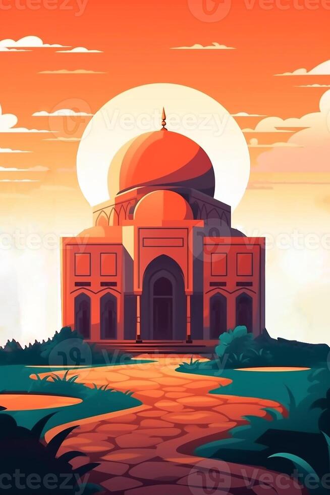 Mosque Illustration and Sun Landscape on Background, Eid Mubarak Concept, . photo