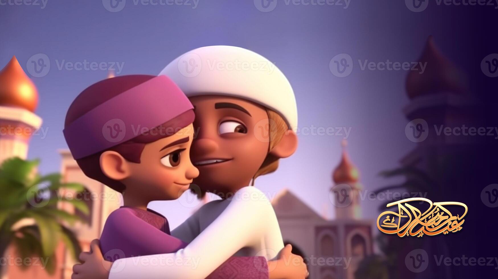 Adorable Disney Style Avatar of Muslim Boys Hugging and Wishing Each Other. . photo