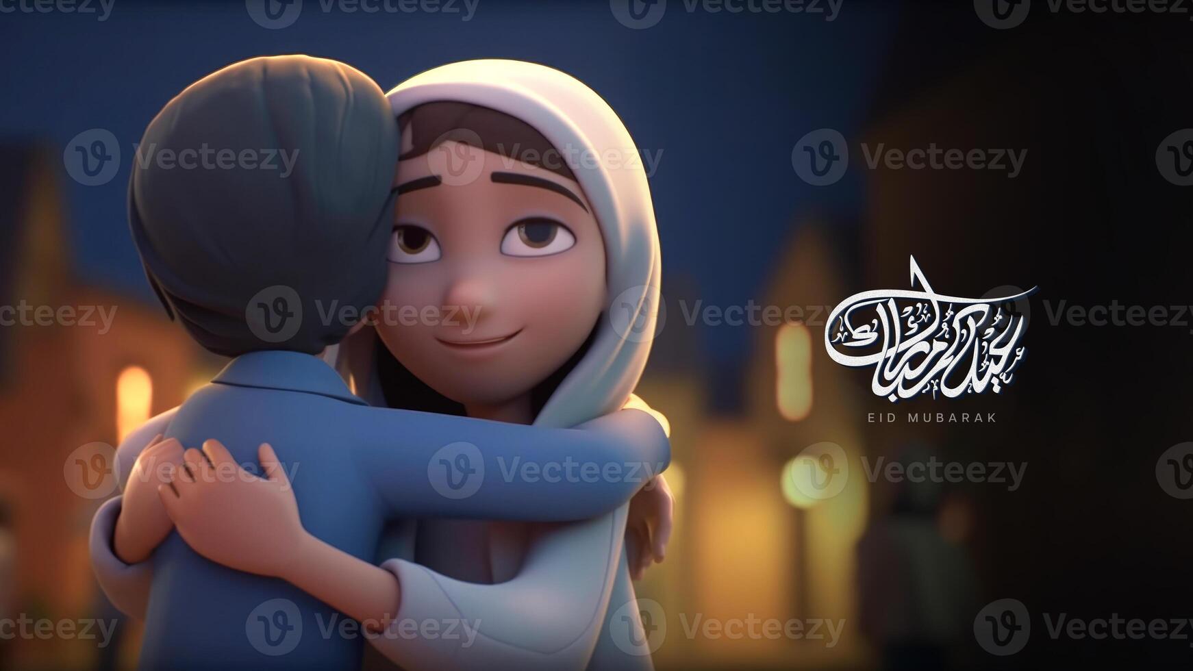 Eid Mubarak Banner Design With Adorable Kids Character Hugging. . photo