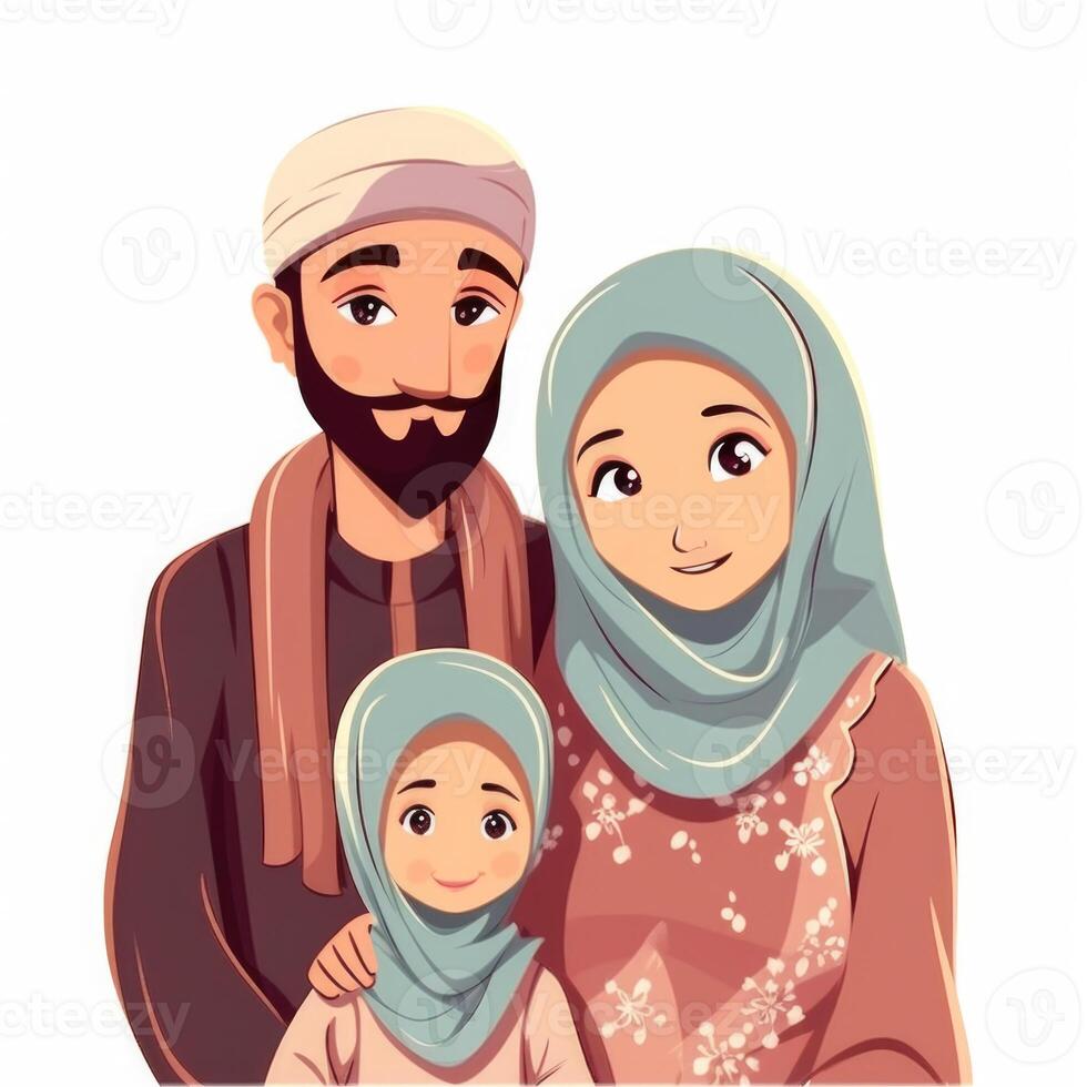 adorable dibujos animados avatar de sonriente musulmán familia juntos, eid Mubarak concepto. generativo ai foto