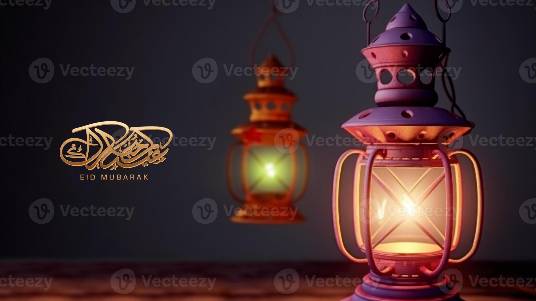 Eid Mubarak Banner Design With Illuminated Ethnic Lamps on Sandune. photo