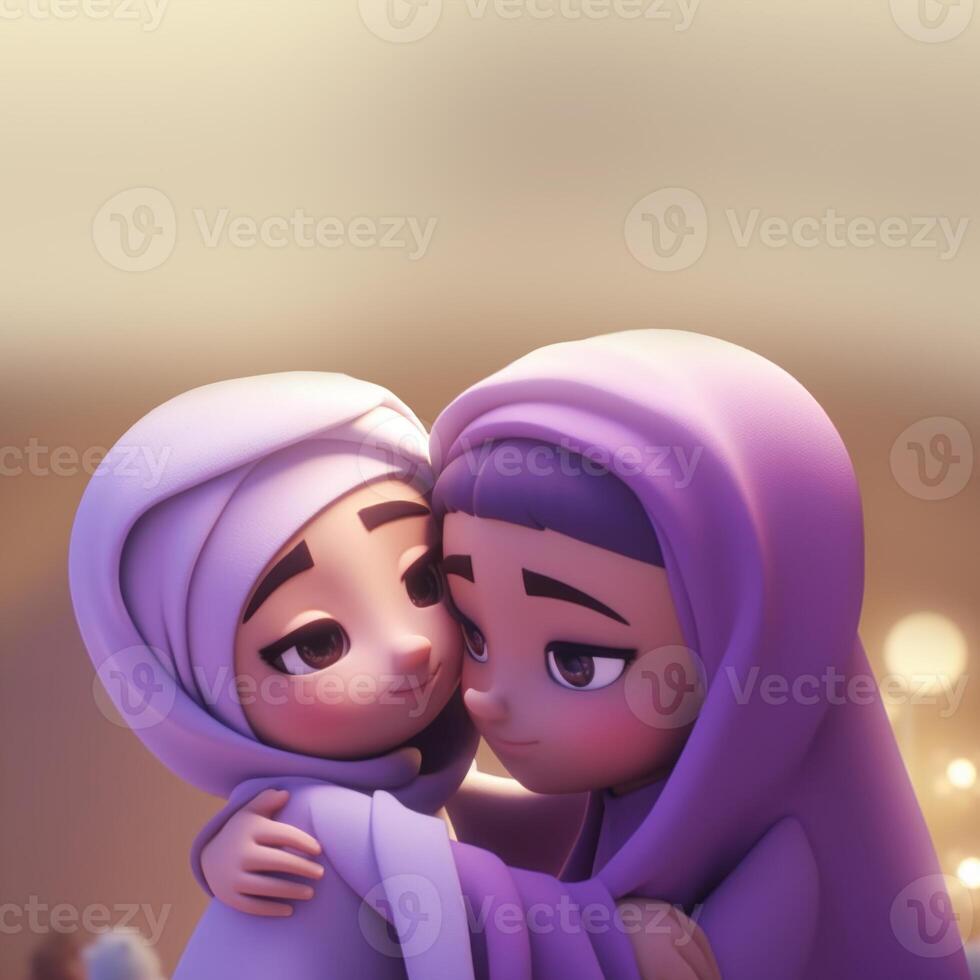 linda musulmán niña personaje abrazando y deseando cada otro en eid Mubarak concepto. generativo ai foto