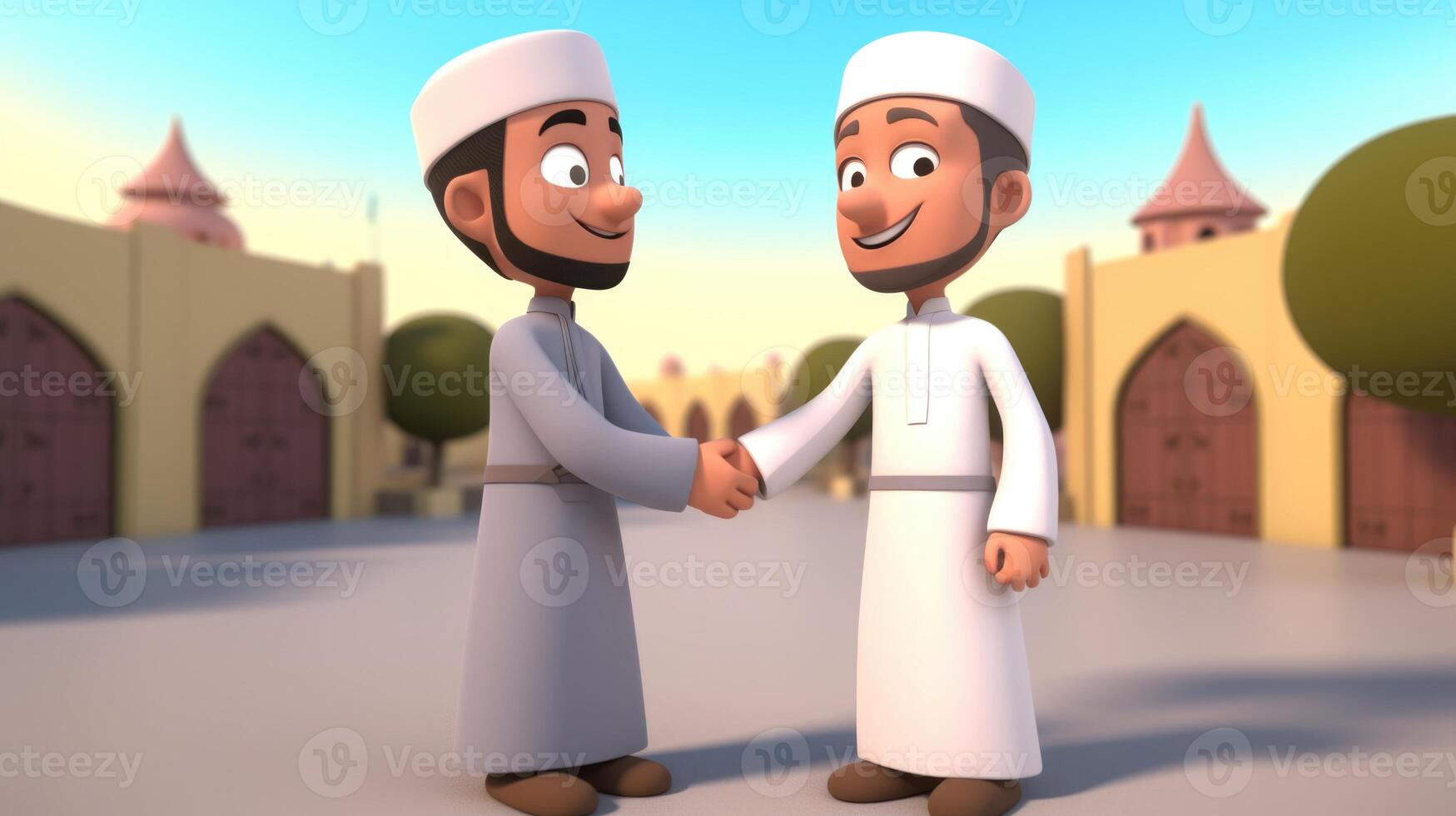 Adorable Cartoon Avatar of Muslim Boys Shaking Hands, Mosque, Trees on Background. Eid Mubarak Concept, Generative-AI Digital Illustration. photo