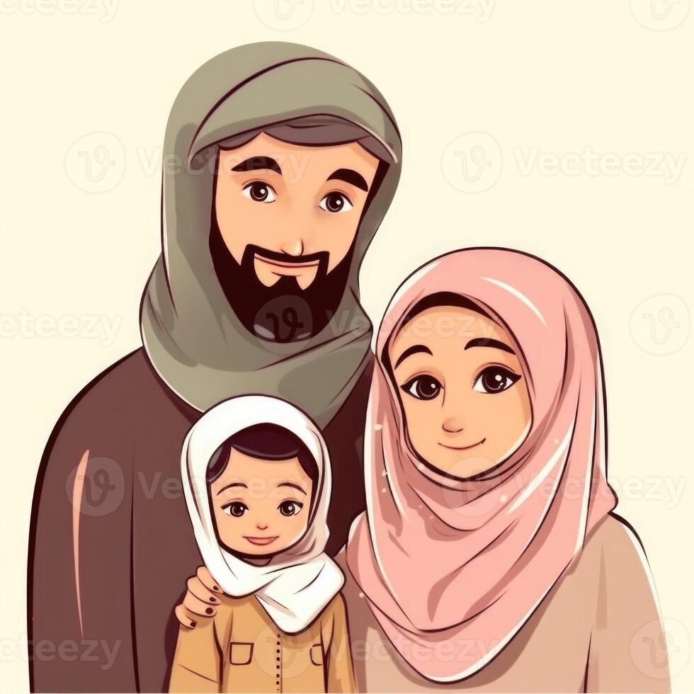 Adorable Cartoon Avatar of Traditional Attire Arabian Family Together, Eid Mubarak Concept. photo