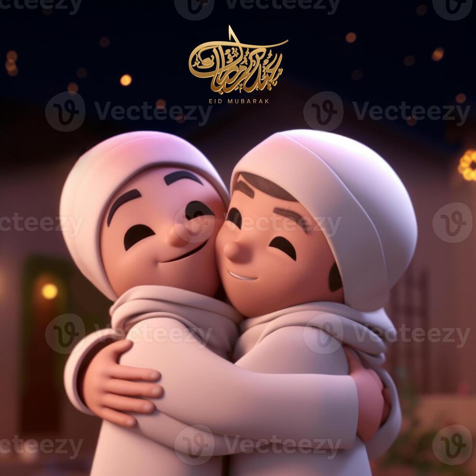 Eid Mubarak Greeting Card Or Poster Design With Adorable Boy Character Hugging. . photo