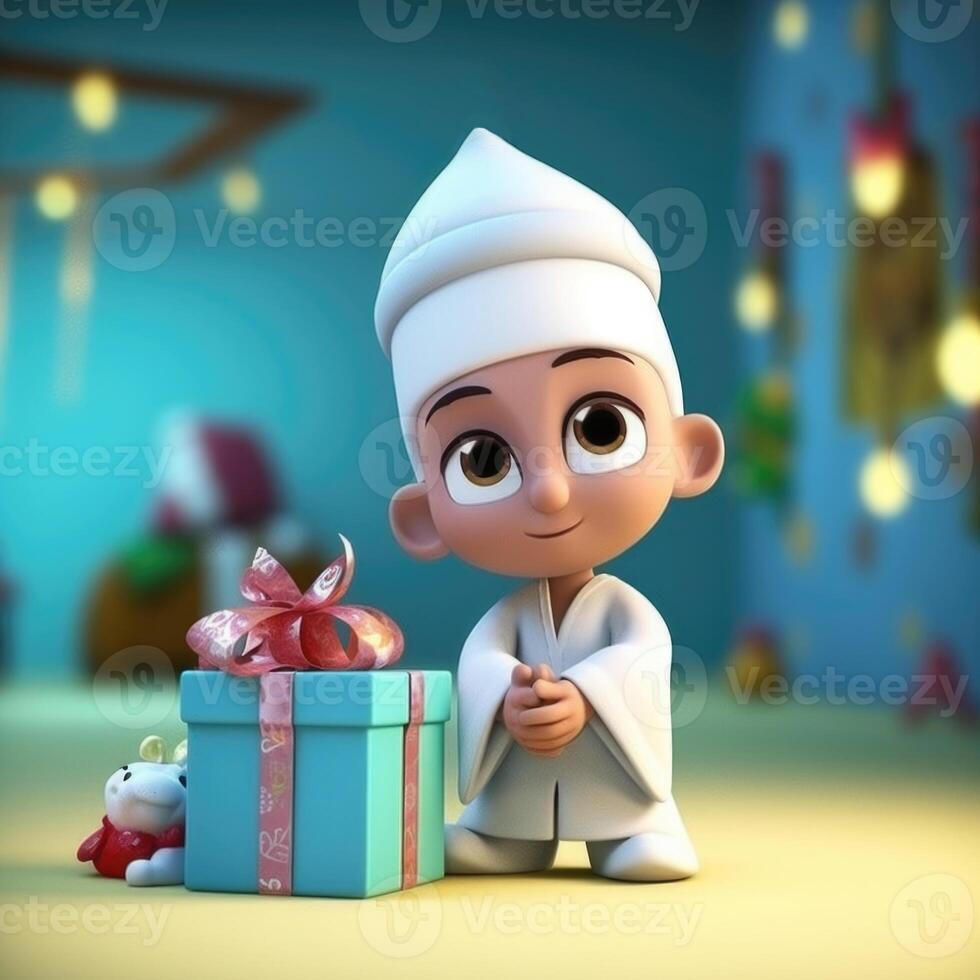 disney estilo adorable musulmán chico personaje con regalo caja, juguete y borroso antecedentes. eid o Ramadán Mubarak concepto, generativo ai. foto