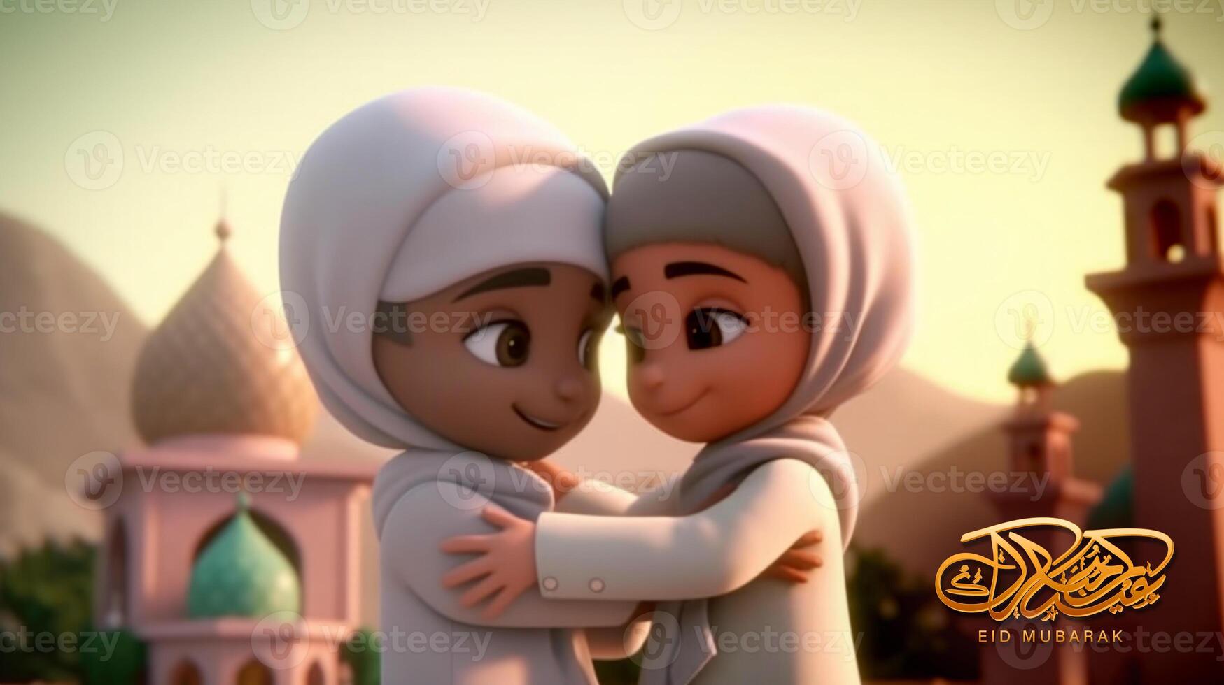 adorable disney estilo avatar de musulmán niños abrazando y deseando cada otro, borroso mezquita para eid Mubarak concepto, generativo ai. foto