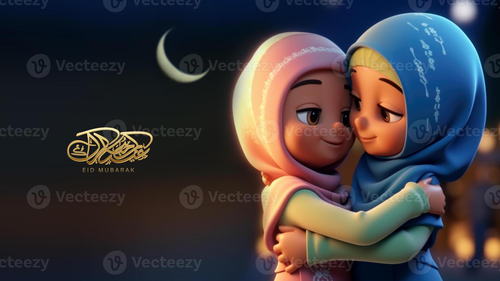 Eid Mubarak Banner Design with Cute Muslim Girls Character Hugging Together and Crecent Moon. . photo