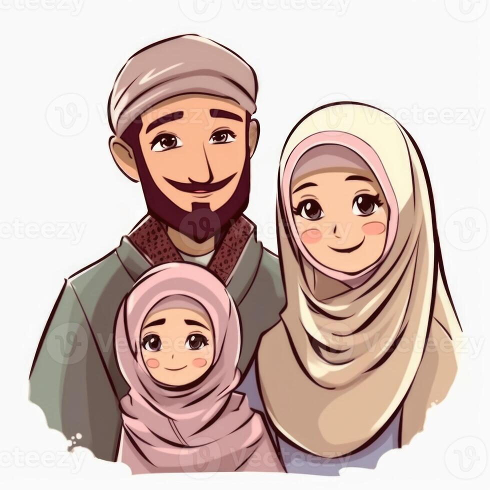 adorable dibujos animados avatar de sonriente musulmán familia juntos, eid Mubarak concepto. generativo ai foto