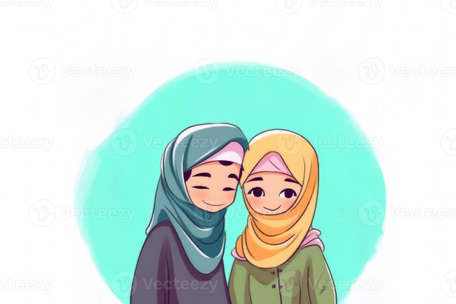 Adorable Muslim Girls Character Wearing Hijab on Background. Eid Mubarak Concept. photo