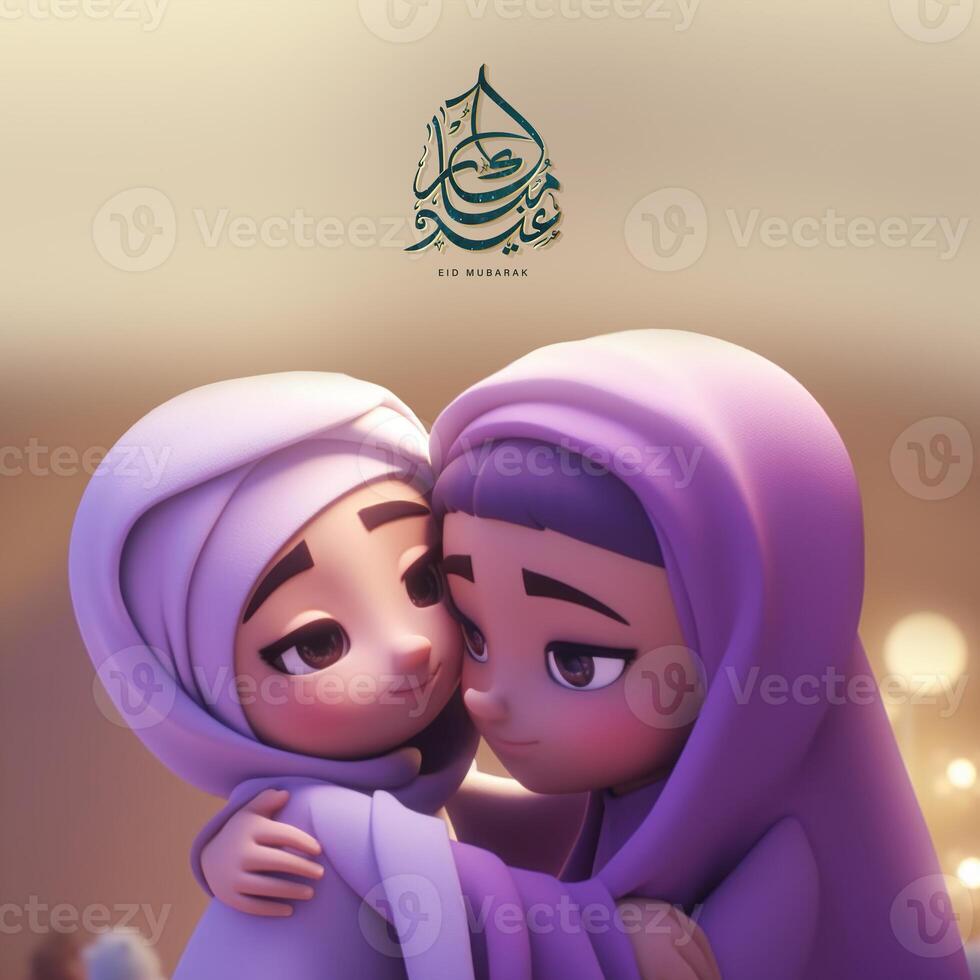 Eid Mubarak Banner Design with Adorable Girls Character Hugging. . photo