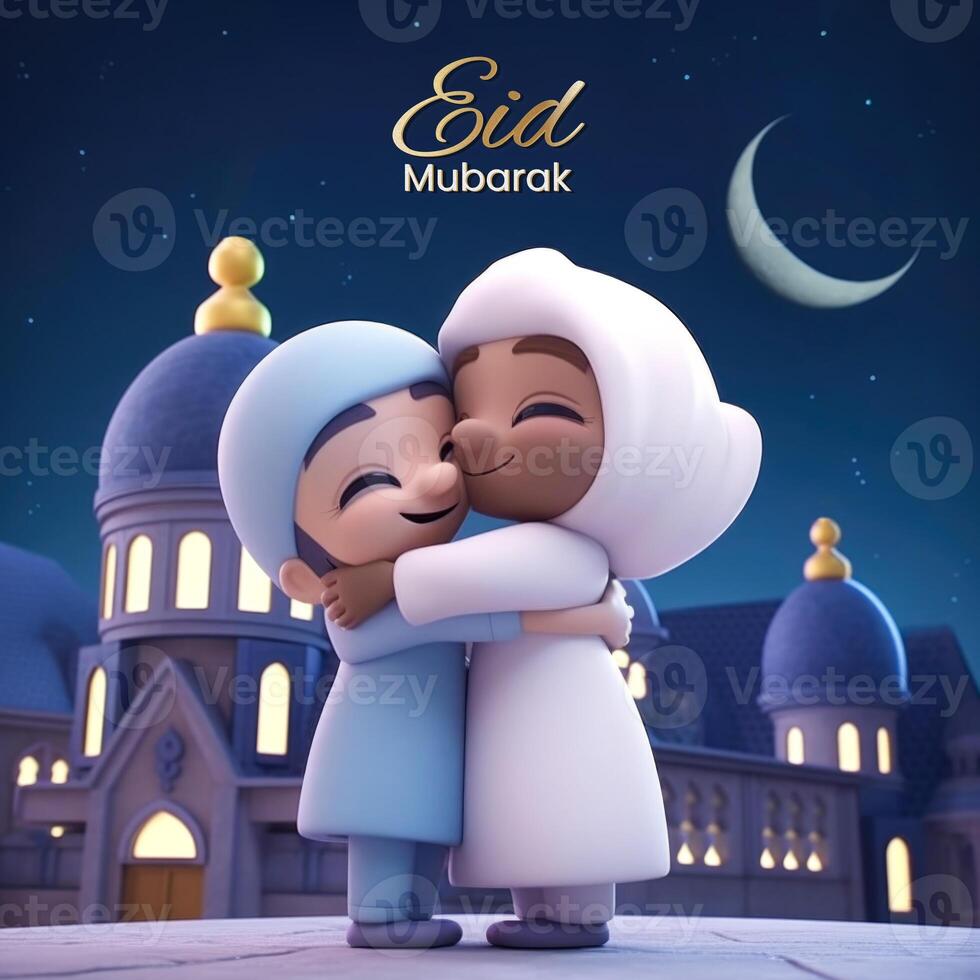 eid Mubarak saludo tarjeta o póster diseño con adorable musulmán niños personaje abrazando y mezquita. generativo ai. foto