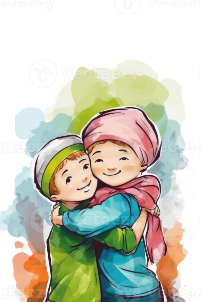 Cute Muslim Boys Character Hugging and Wishing Each Other in Watercolor Effect. Eid Mubarak Concept. photo