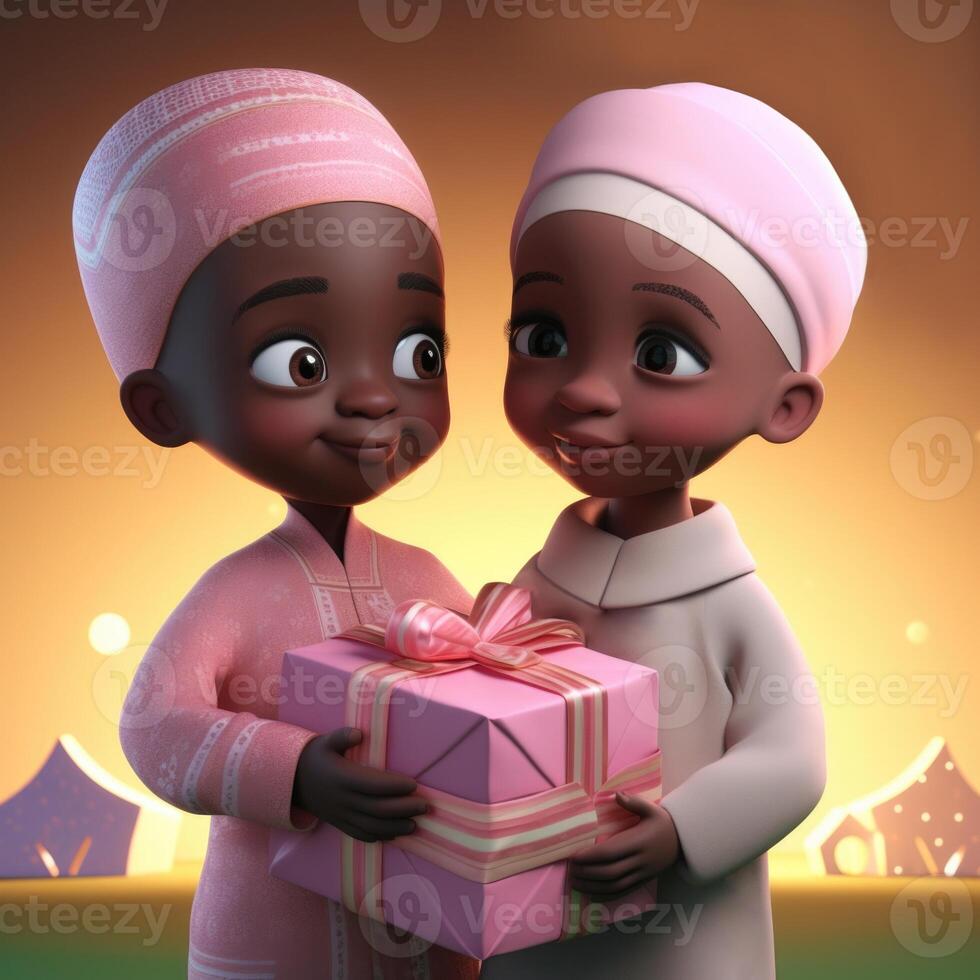 adorable disney estilo dibujos animados de tradicional atuendo africano musulmán niños caracteres con un regalo caja. eid o Ramadán Mubarak concepto, generativo ai. foto