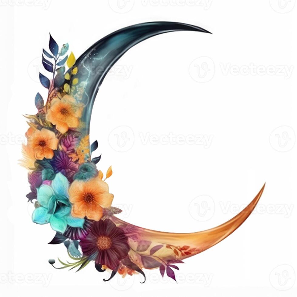 Decorative Beautiful Floral Crescent Moon Element, Eid Mubarak Concept. . photo