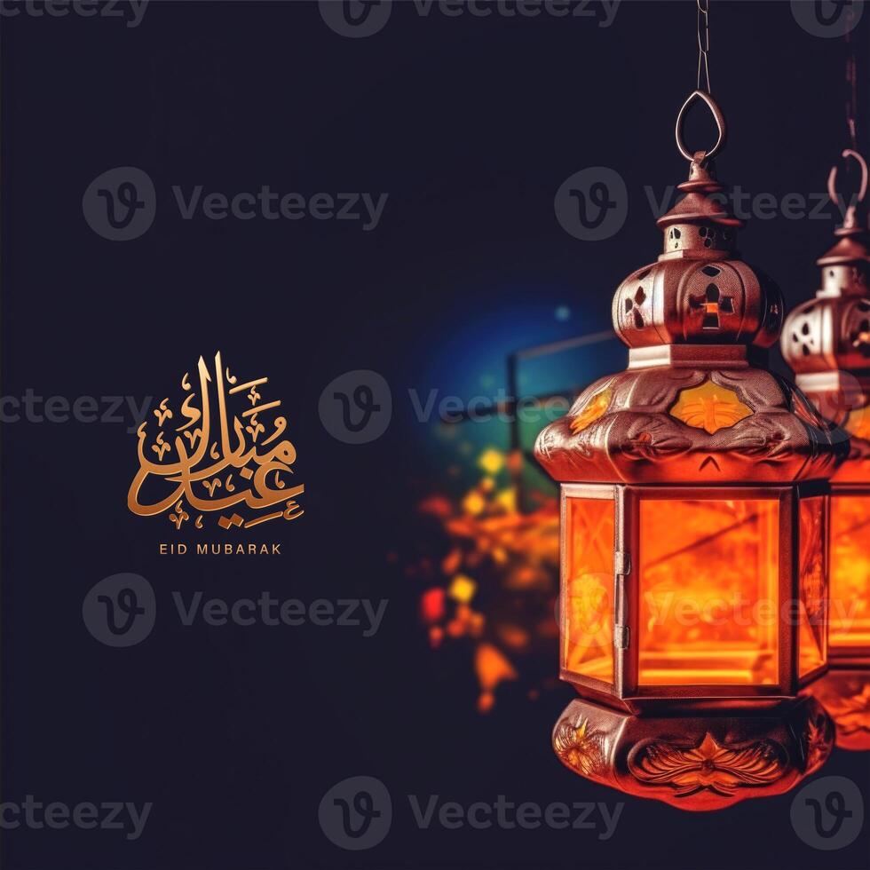 Eid Mubarak Greeting Card Or Poster Design With Illuminated Ethnic Lamps. . photo