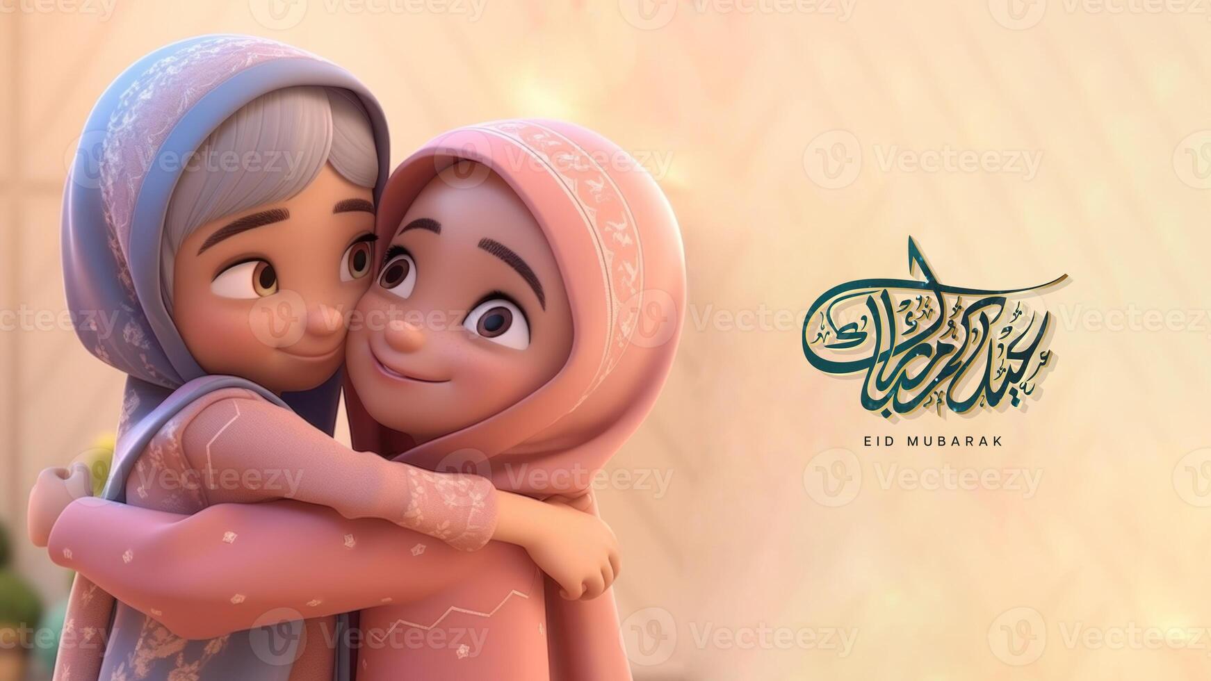 eid Mubarak bandera diseño con adorable muchachas personaje abrazando generativo ai. foto