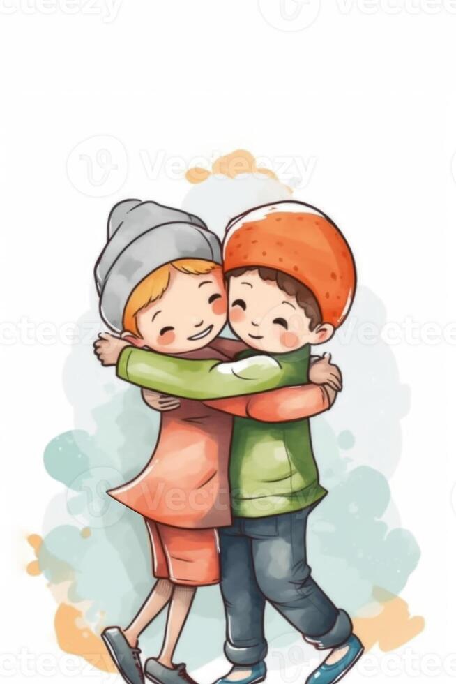 Cute Boys Character Hugging Each Other in Watercolor Effect. Eid Mubarak Concept. photo