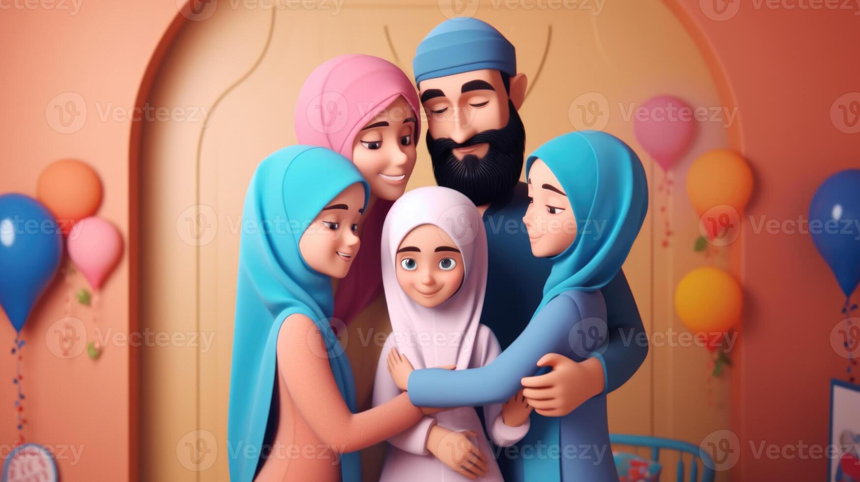 Adorable Cartoon Avatar of Muslim Family Hugging and Wishing Each Other. Eid Mubarak Concept, . photo