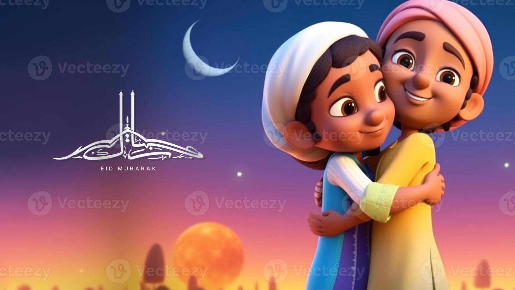 Eid Mubarak Banner Design With Adorable Kids Character Hugging. . photo