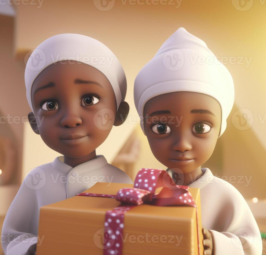 Adorable Disney Style Avatar of Traditional Attire African Kids Holding Gift Boxes. Eid or Ramadan Mubarak Concept, . photo