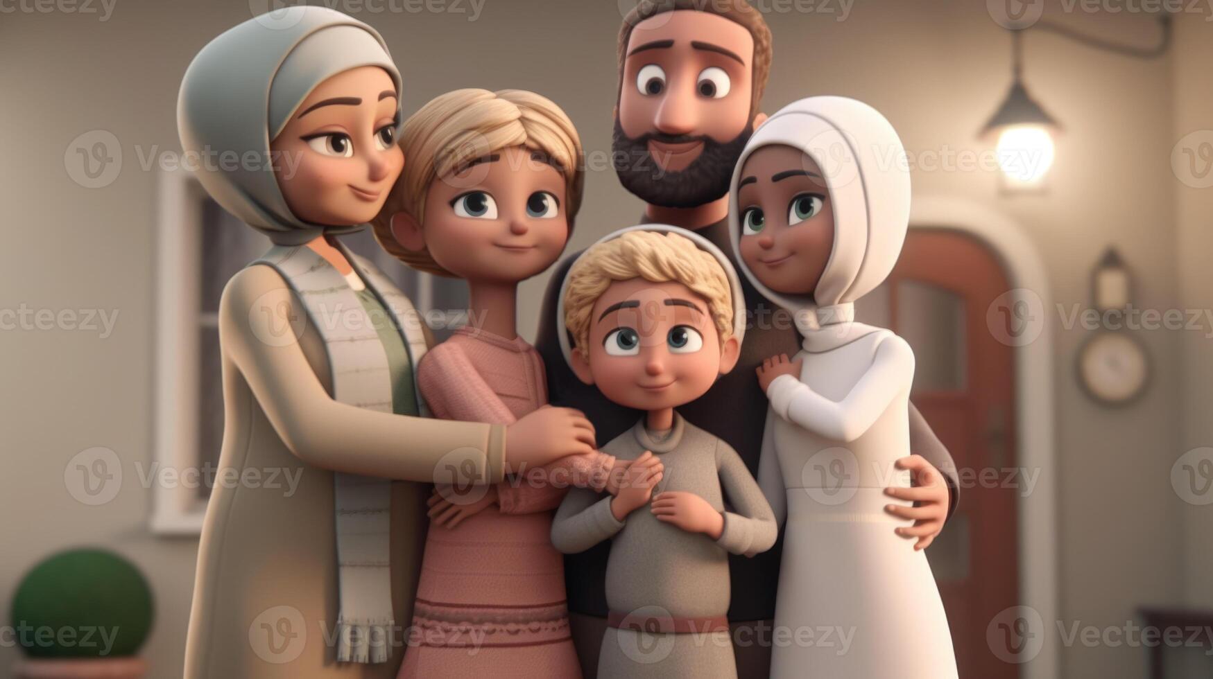 adorable disney estilo avatar de musulmán familia abrazando y deseando cada otro. eid Mubarak concepto, generativo ai. foto