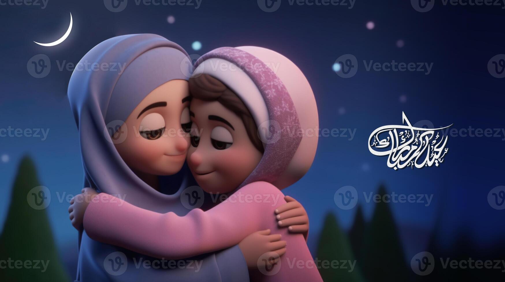 Eid Mubarak Banner Design with Adorable Muslim Girls Character Hugging and Wishing Each Other in Crescent Night. . photo