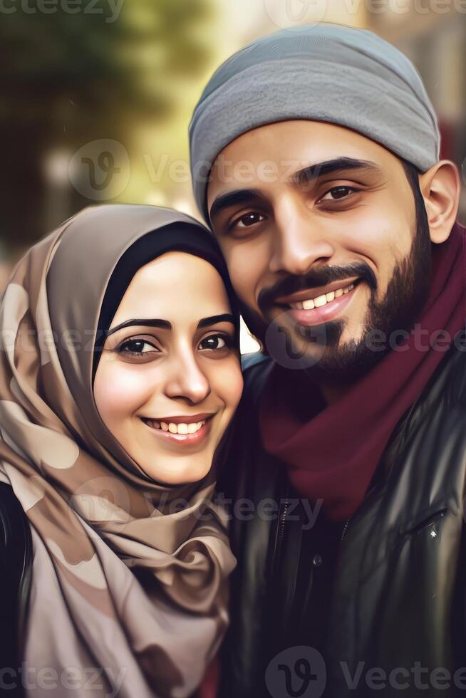 Realistic Portrait of Smiley Young Muslim Couple, Actual Image, . photo