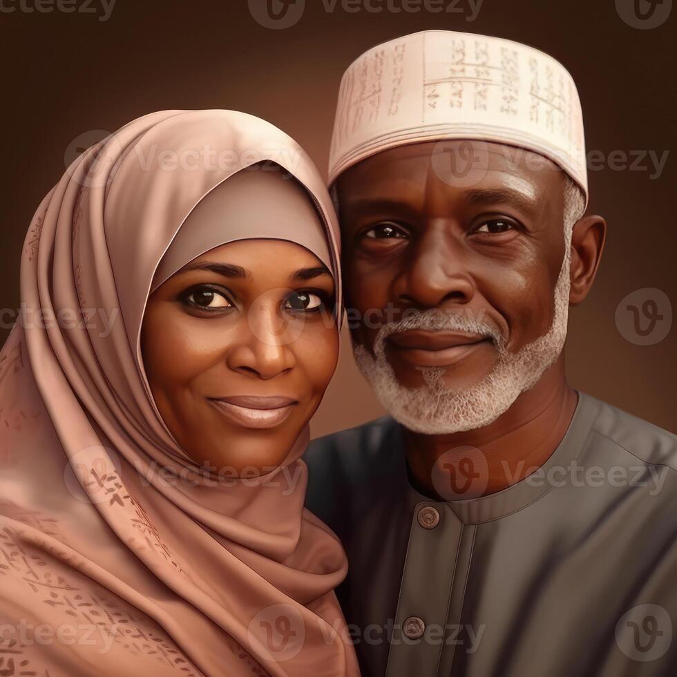 Realistic Portrait of Mid Age Muslim African Couple Wearing Traditional Attire, . photo