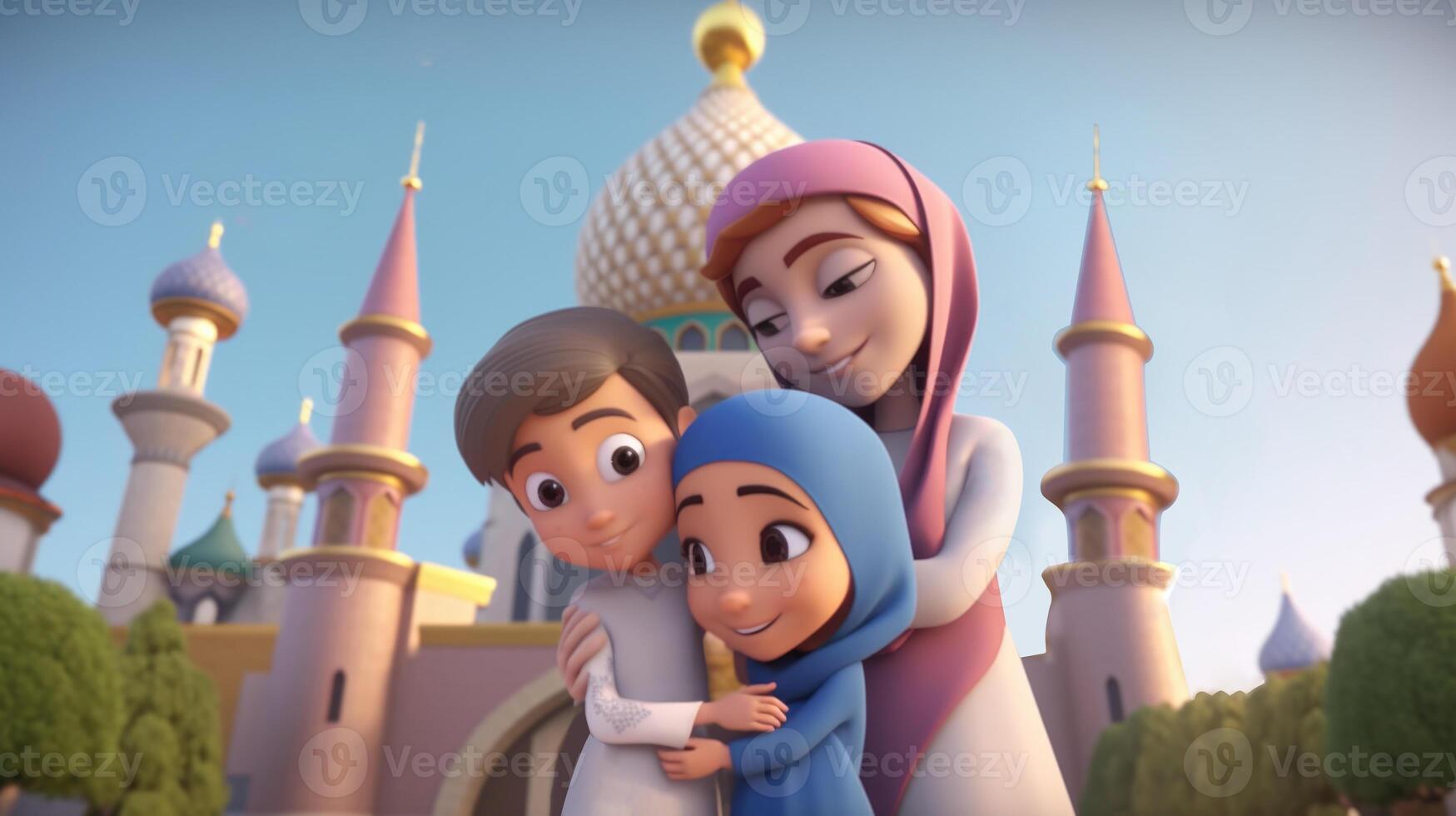 adorable dibujos animados avatar de contento musulmán familia y mezquita, arboles en antecedentes. eid Mubarak concepto, generativo ai. foto