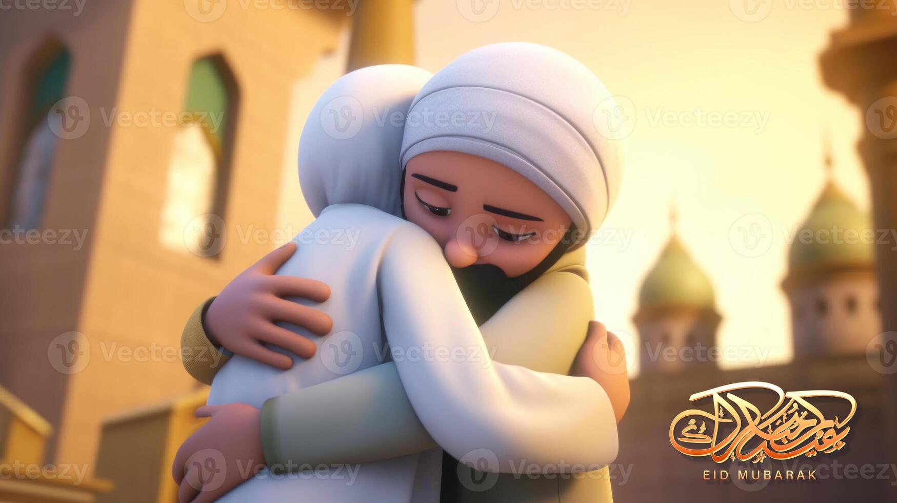 Adorable Cartoon Avatar of Muslim Men Hugging and Wishing Each Other, Blurred Mosque For Eid Mubarak Concept, . photo