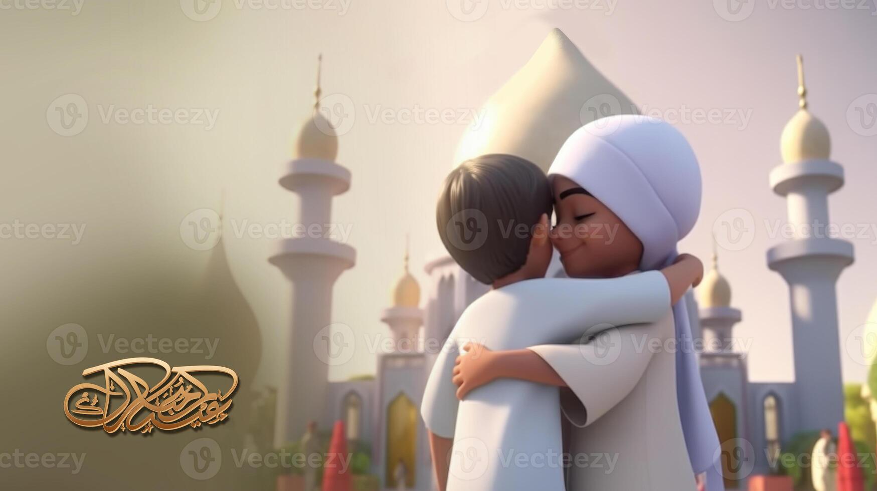 Adorable Disney Style Avatar of Muslim Kids Hugging and Wishing Each Other on The Occasion of Eid Mubarak. . photo