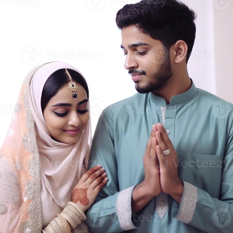 Indian Muslim Couple Character Wearing Traditional Attire, Eid Mubarak Concept. . photo
