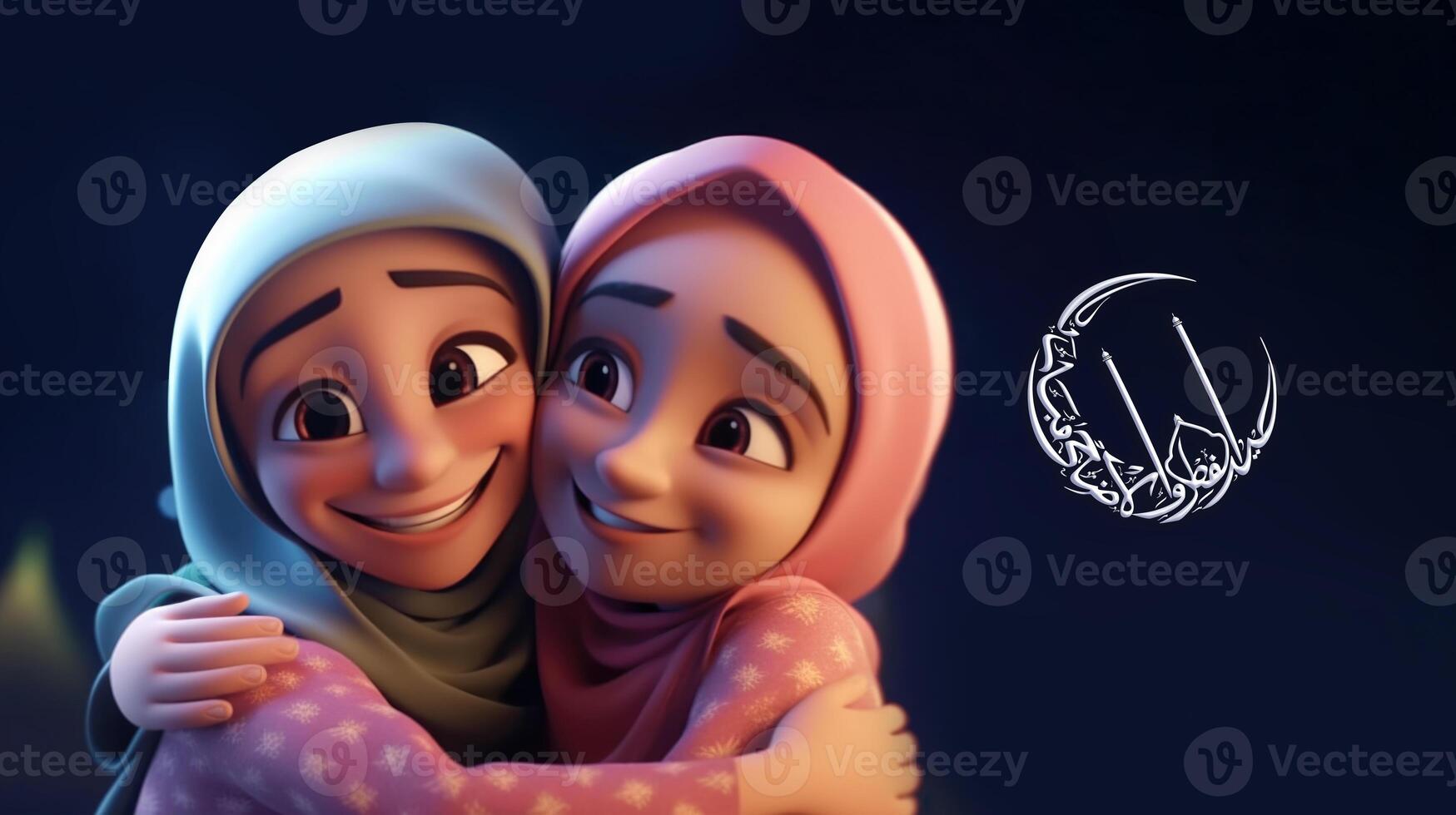 Eid Mubarak Banner Design with Adorable Smiley Muslim Girls Character Hugging and Wishing Each Other. . photo