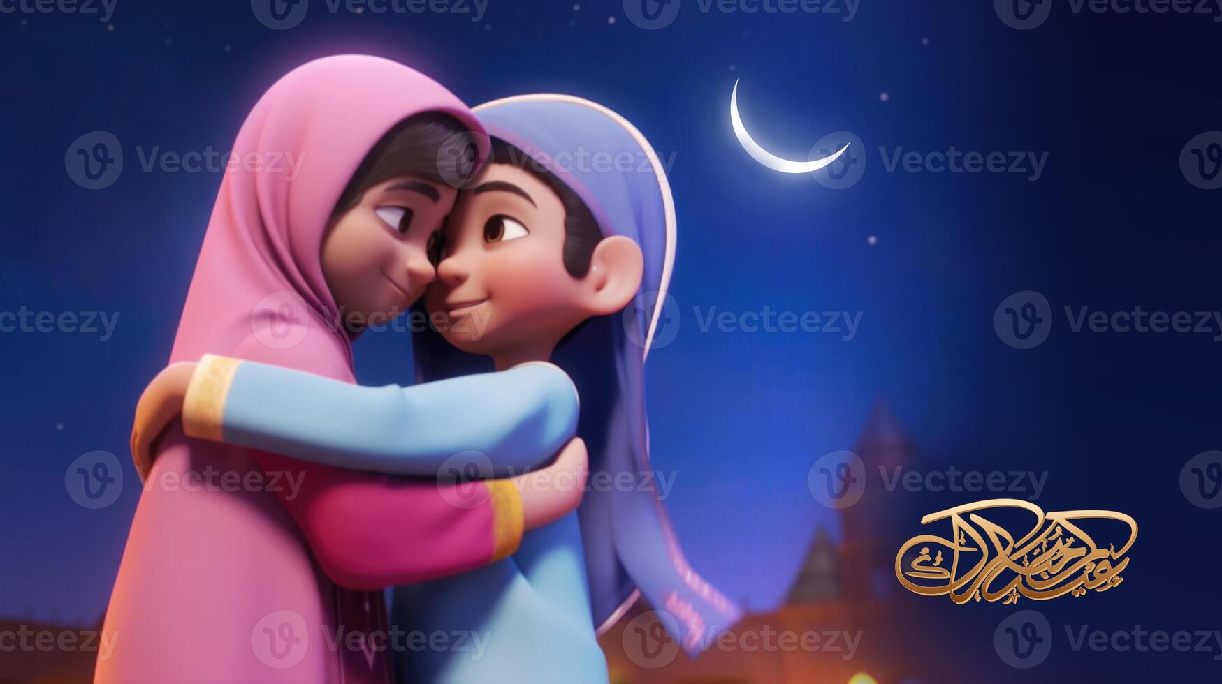 Eid Mubarak Banner Design with Adorable Muslim Girls Character Hugging and Wishing Each Other in Crescent Night. . photo