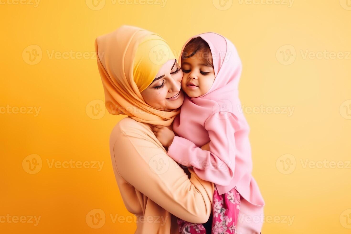 Portrait of Attractive Muslim Woman In Hijab Hugging Her Kid, Eid Mubarak Concept. . photo