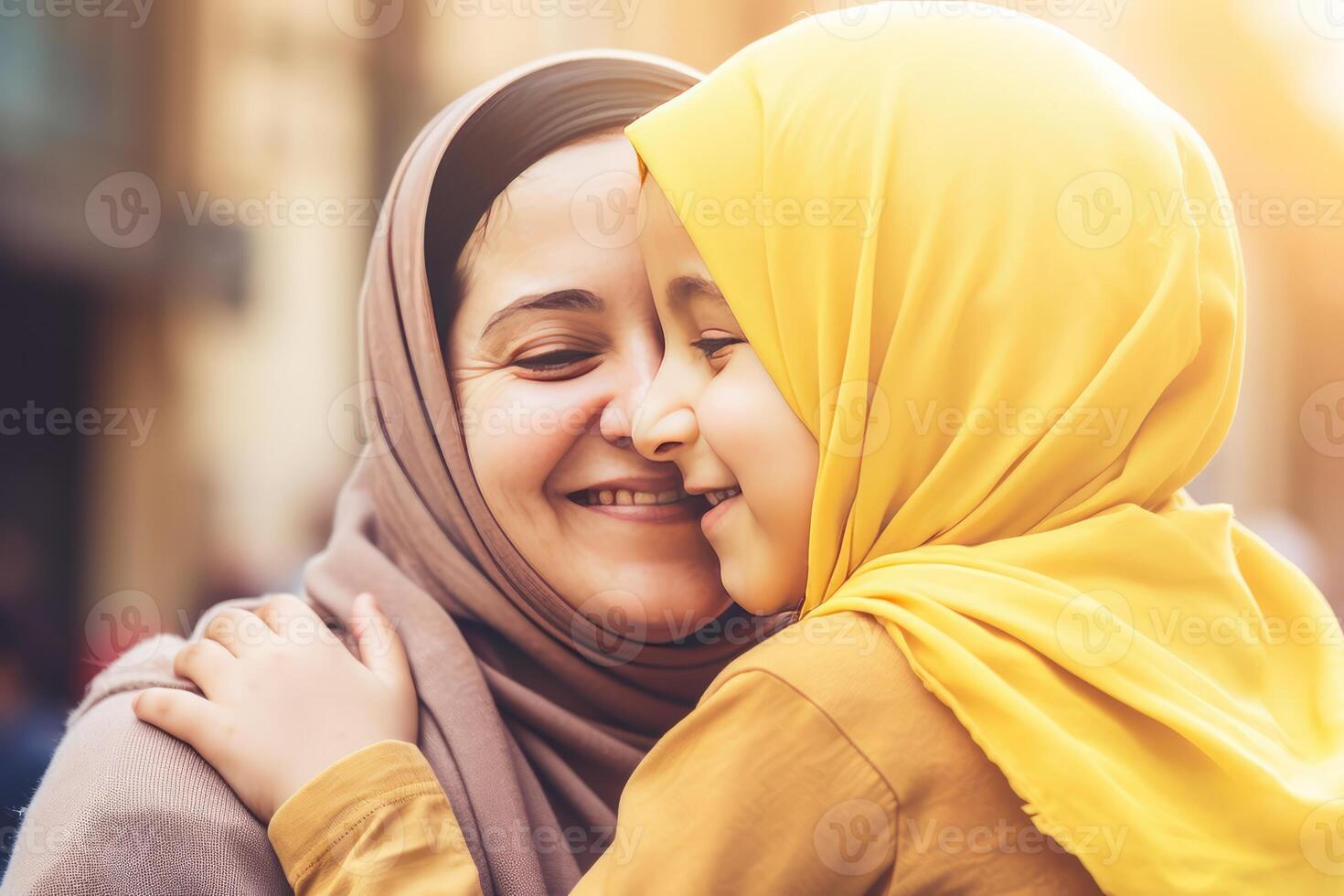 Attractive Muslim Woman In Hijab Hugging Her Daughter on Blurred Bokeh Background, Eid Celebration, . photo