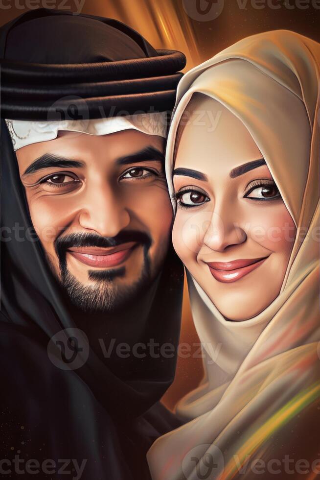 Realistic Portrait of Arab Couple Wearing Traditional Attire, Actual Image, Eid Celebration Concept, . photo