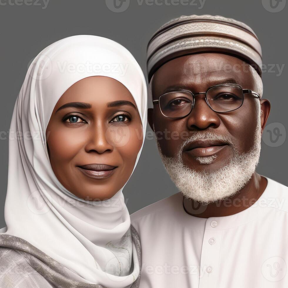 Realistic Portrait of Mid Age Muslim African Couple Wearing Traditional Attire, . photo