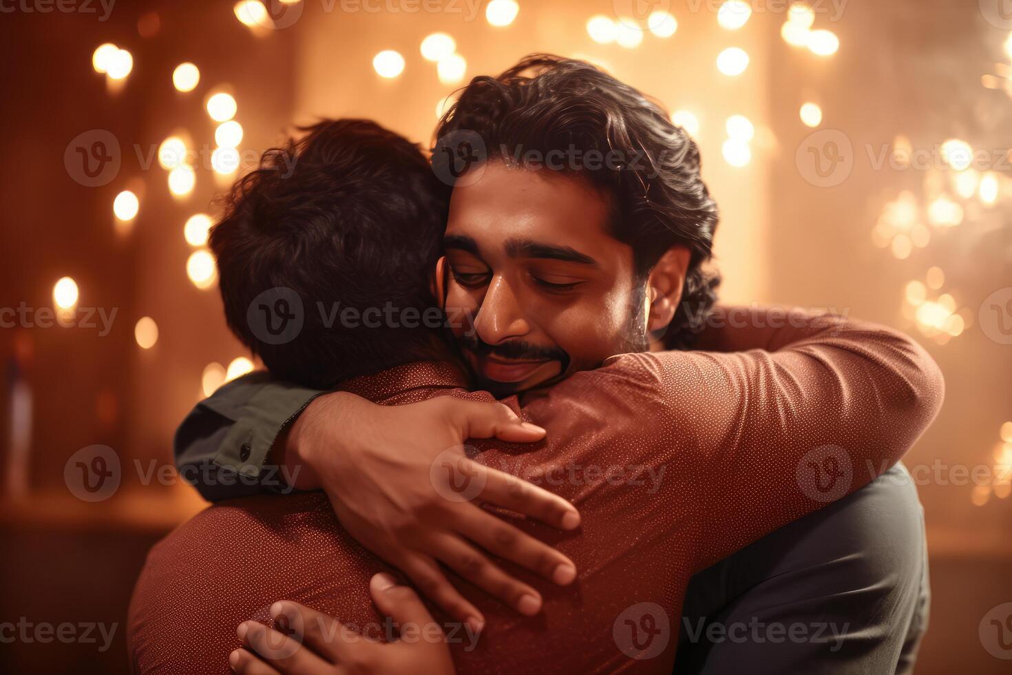 Traditional Attire Indian Men Character Hugging and Wishing Each Other, . photo