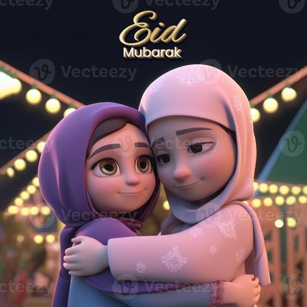 adorable disney estilo personaje de musulmán muchachas abrazando y deseando cada otro para eid Mubarak concepto. generativo ai. foto