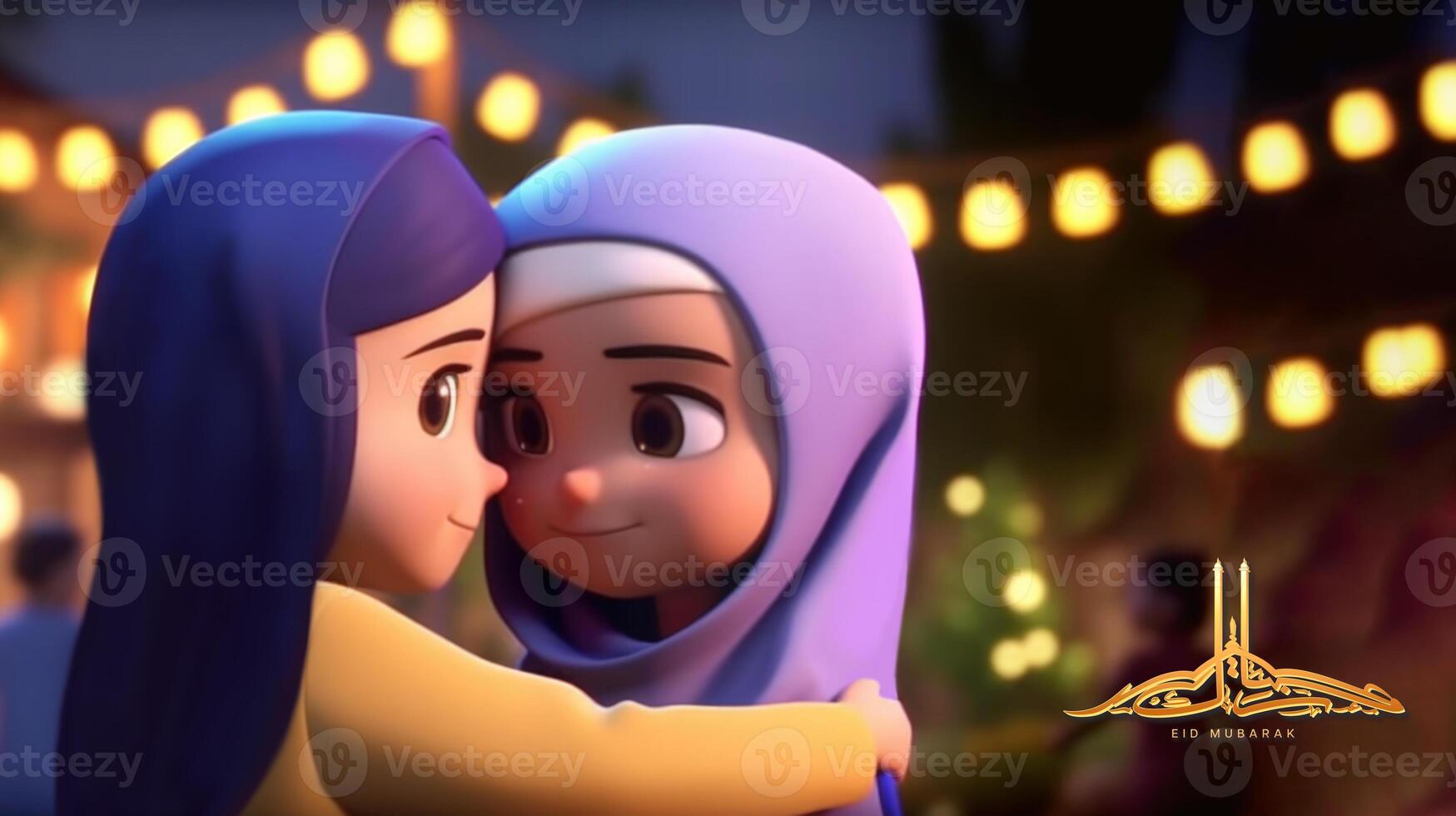 Adorable Disney Style Avatar of Muslim Girls Hugging and Wishing Each Other for Eid Mubarak Concept, . photo