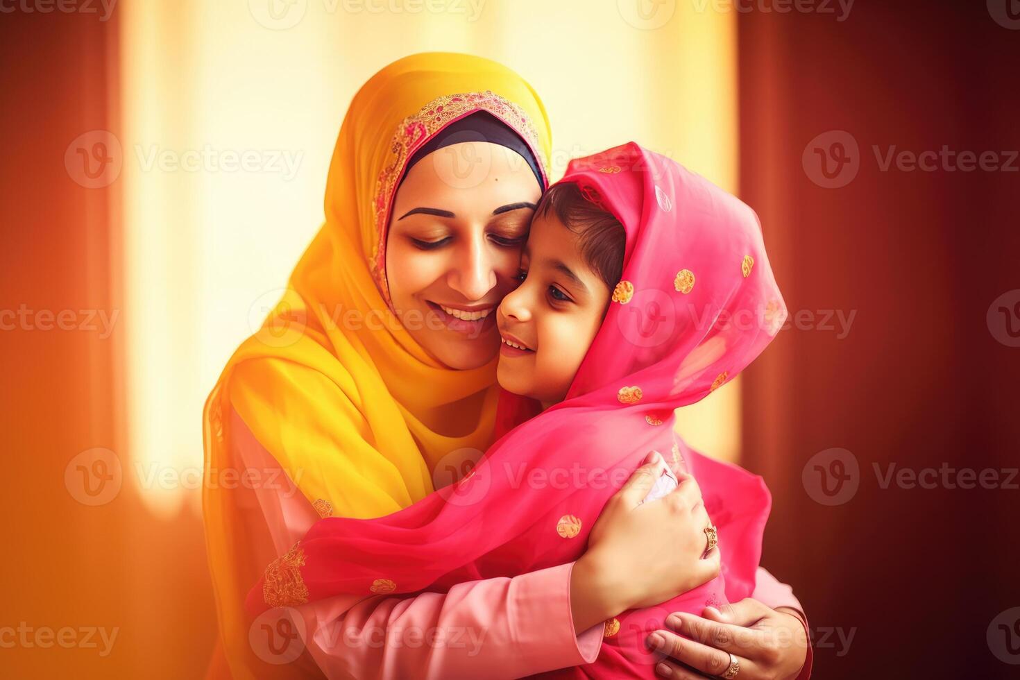 adorable indio musulmán niño abrazando su mamá en hiyab, eid Mubarak concepto. generativo ai. foto