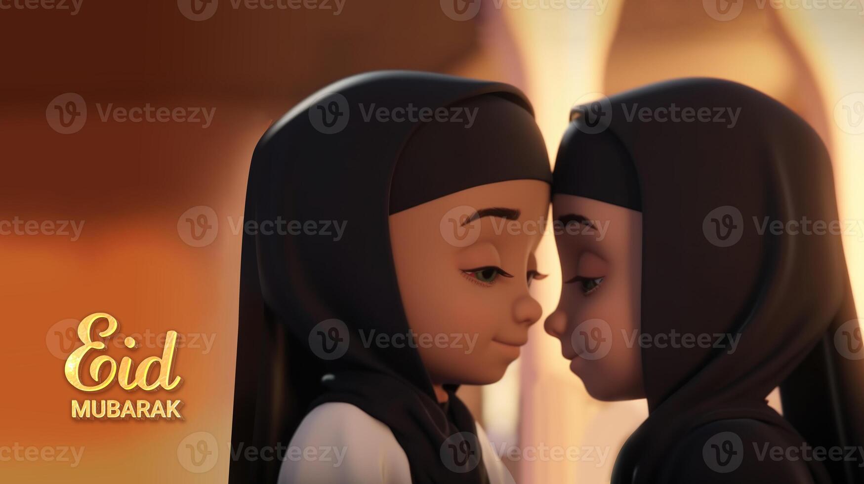 Eid Mubarak Banner Design with Traditional Attire Arabian Girls Character. . photo