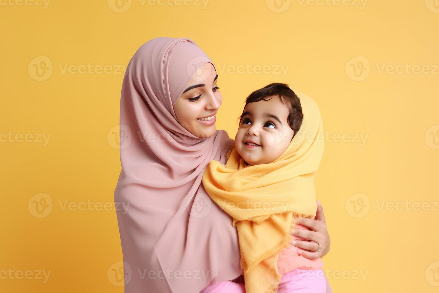 retrato de atractivo musulmán mujer en hijab abrazando su niño, eid Mubarak concepto. generativo ai. foto