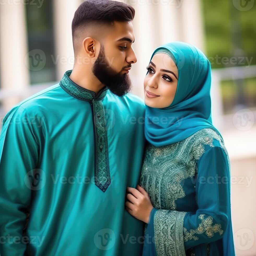 indio musulmán Pareja personaje vistiendo tradicional atuendo, eid Mubarak concepto. generativo ai. foto