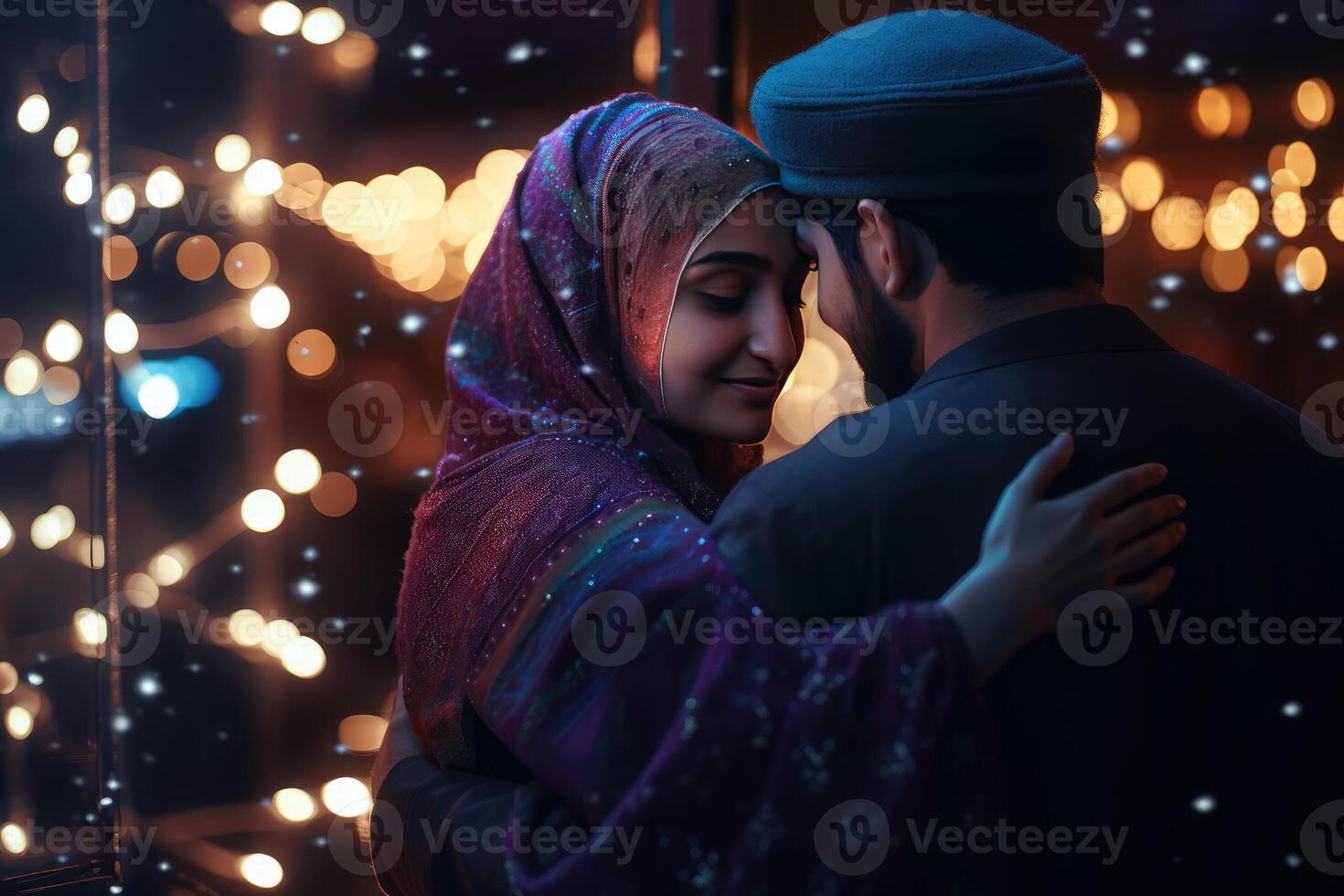 Traditional Attire Muslim Couple Hugging on Bokeh Background. Eid Mubarak Concept, . photo