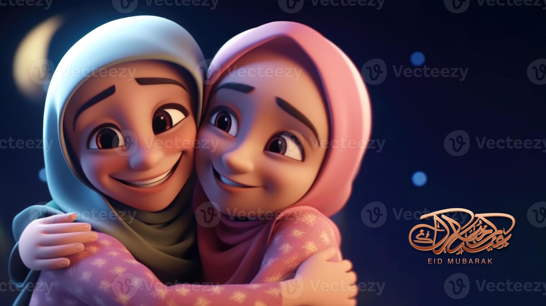 adorable disney estilo avatar de musulmán muchachas abrazando y deseando cada otro en noche para eid Mubarak concepto, generativo ai. foto