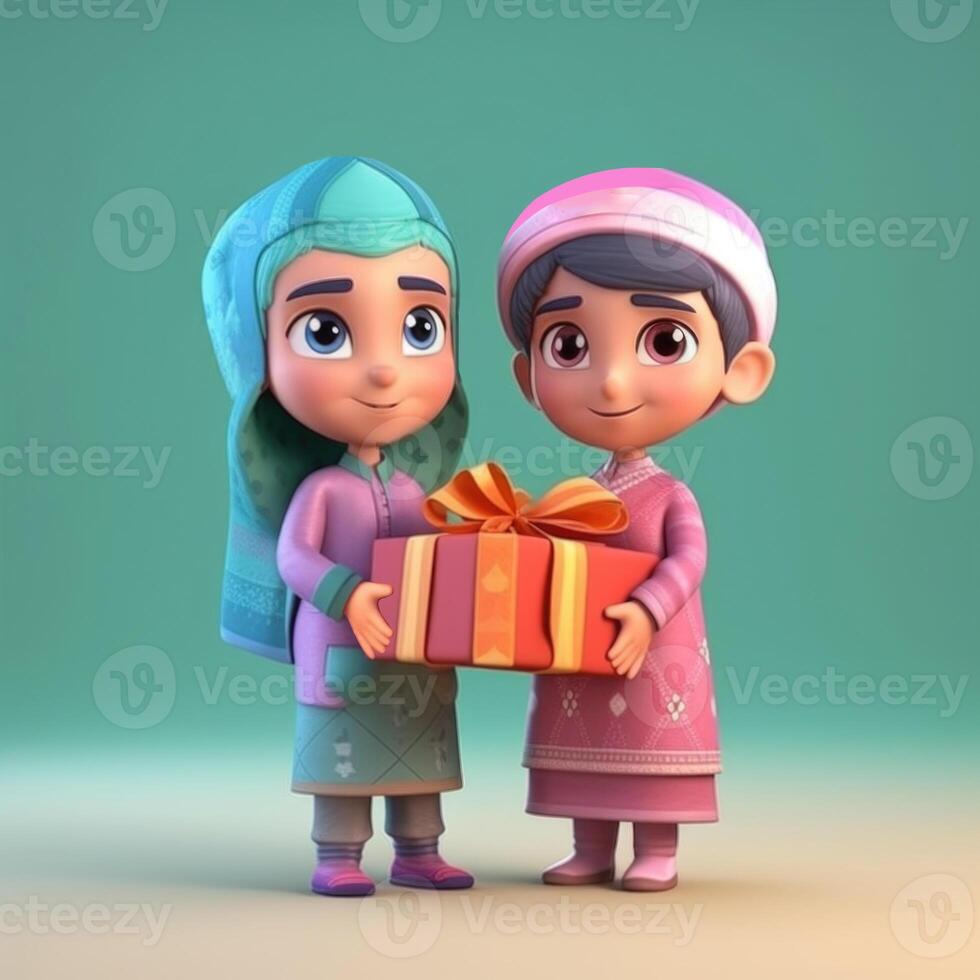 adorable disney estilo personaje de musulmán niños con un regalo caja, eid Mubarak concepto. generativo ai. foto